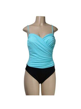MIRACLESUIT Aqua Blue RUCHED Slimming Tummy Control One Piece Swim Suit S